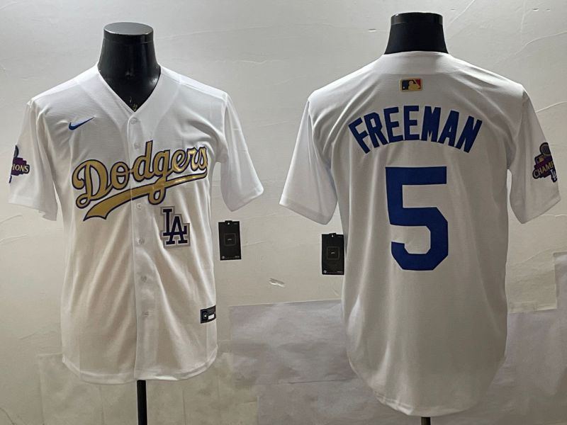 Men Los Angeles Dodgers 5 Freeman White Champion gold character 2025 Nike MLB Jersey style 33118